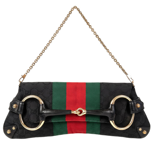 Gucci Large 1955 Tom Ford Classic Black Red Green GG Monogram Horsebit Clutch Handbag GHW