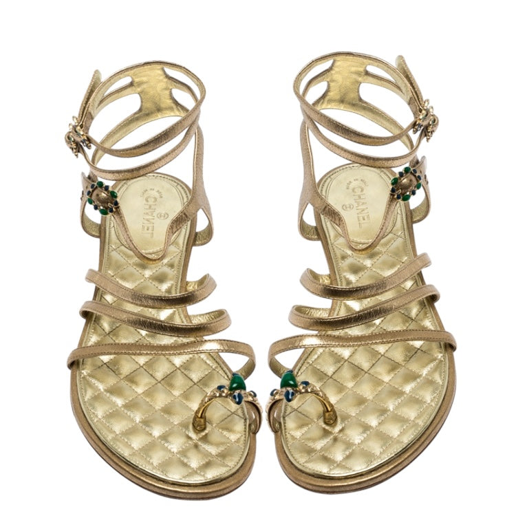 Chanel 15P Gold Metallic Jeweled Gladiator Sandal Flats EU 38.5