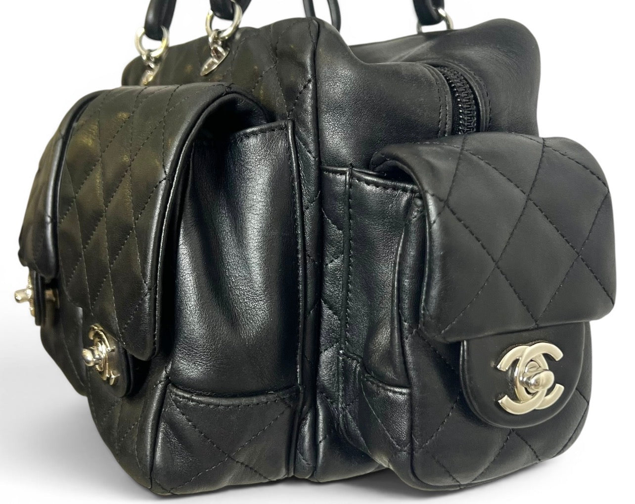 Chanel 2005 Small Cambon Reporter Black Lambskin Handbag SHW