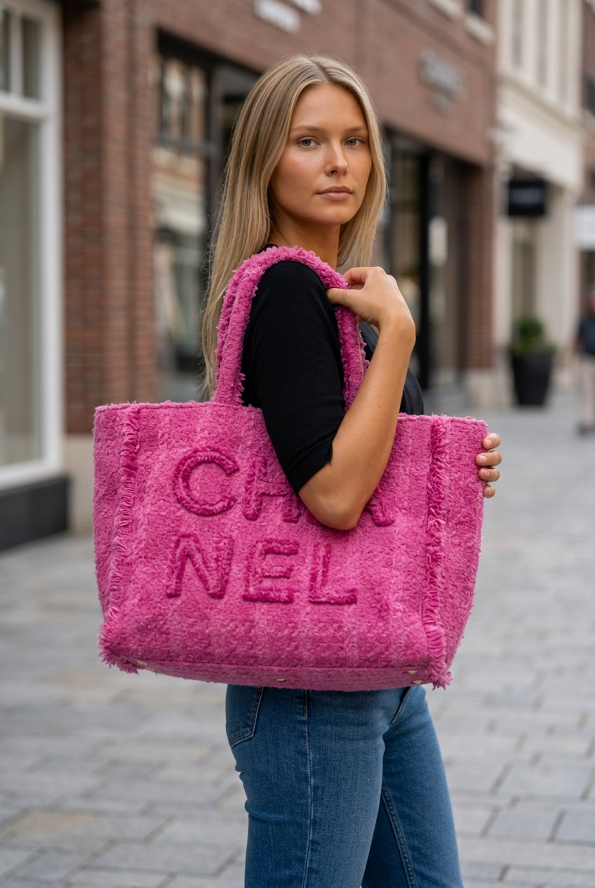 Chanel 19K Large Giant Logo Pink Tweed Shopping Tote Bag GHW