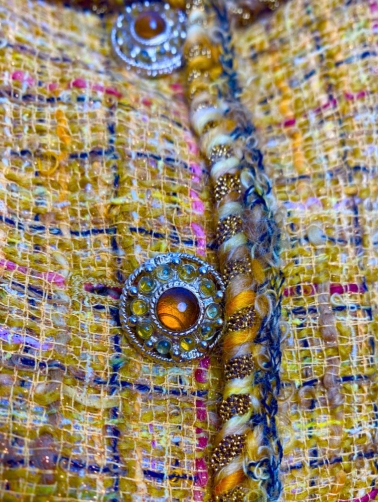 Chanel Iconic 11C Saint-Tropez Yellow Multicolor Tweed Gripoix Waistcoat Vest FR 40