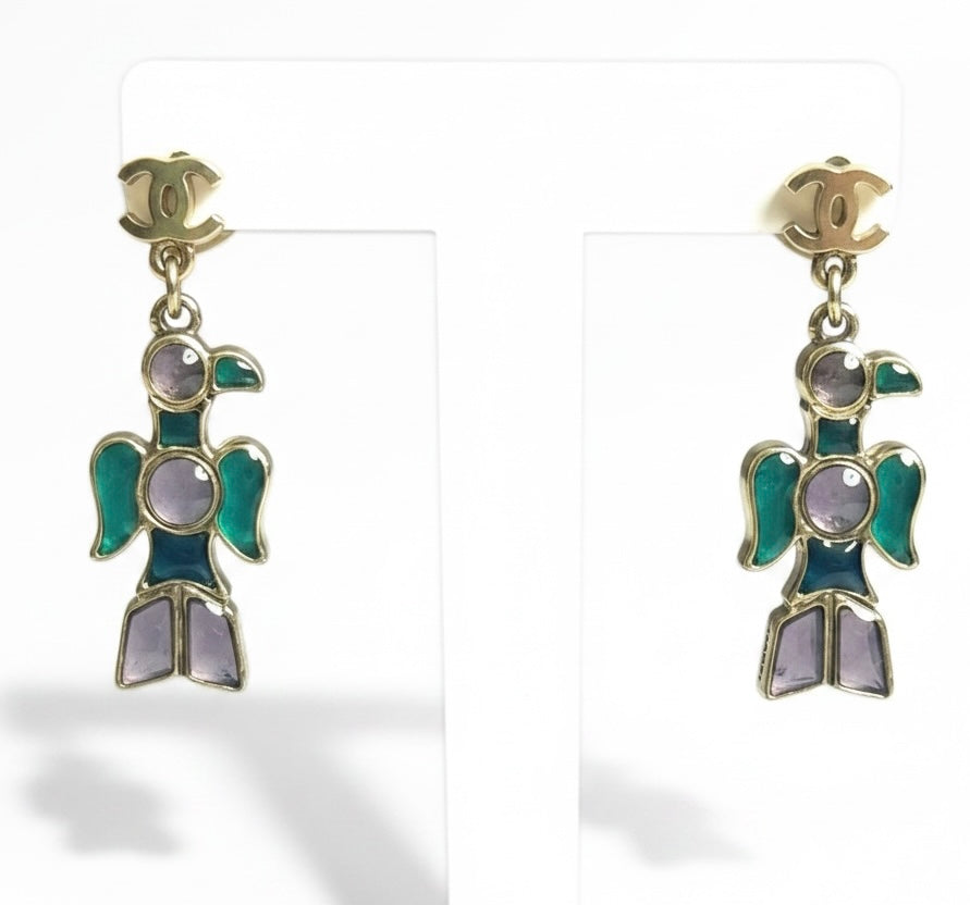 Rare Chanel 07A CC Aztec Bird Multicolor Gripoix Stone Drop Earrings