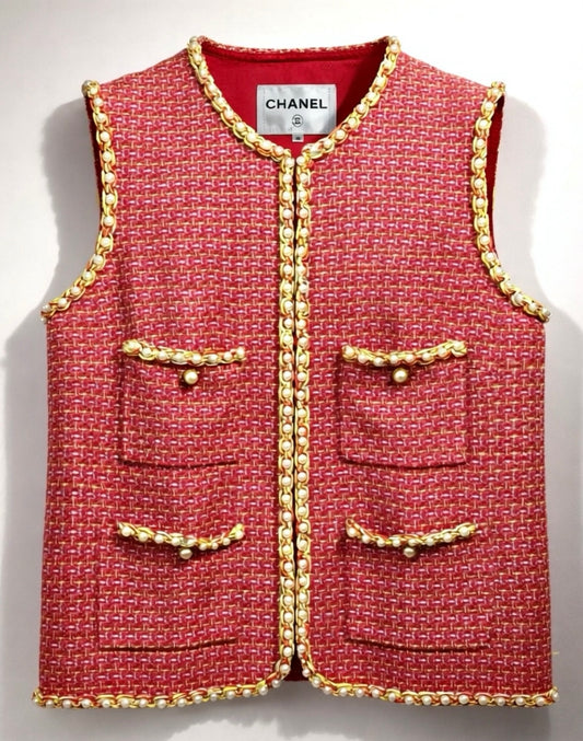 Rare Chanel 17S Pink Red Multicolor Pearl Trim Tweed Waistcoat Vest FR 40