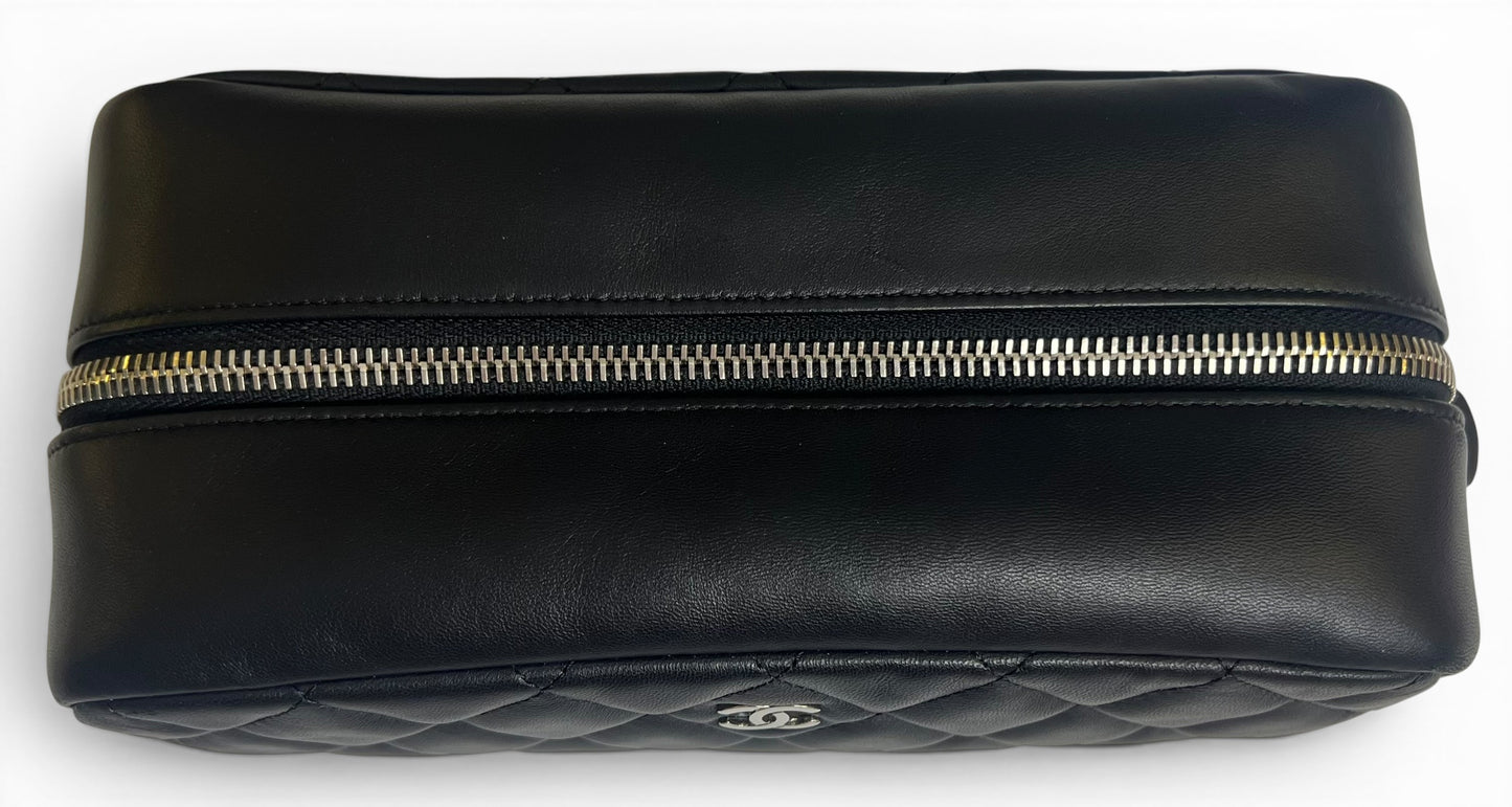 Chanel Black Lambskin Quilted Medium Rectangular Pouch Cosmetic Vanity Case Clutch