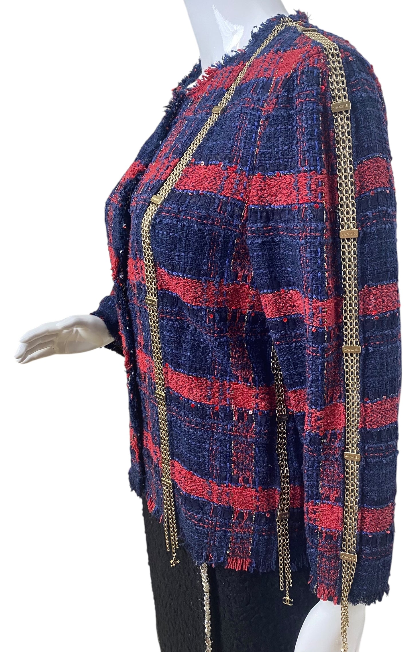 RARE CHANEL 08P RUNWAY BLUE RED GOLD CC CHAINS TWEED JACKET FR 44