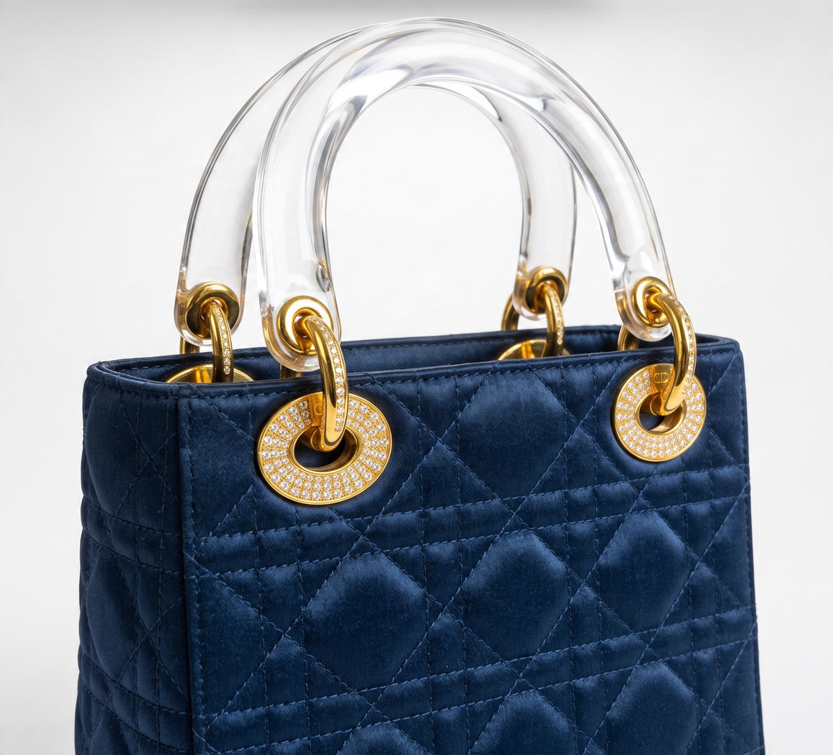 Ultra Rare Vintage 1999 Mini Lady Dior Navy Blue Gold Crystals Lucite Silk Handbag
