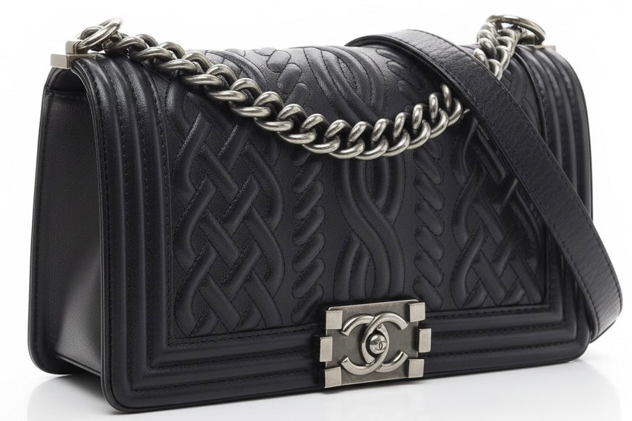 Chanel 13A Paris Edinburgh Black Lambskin Old Medium Embossed Celtic Knot Boy Flap Bag