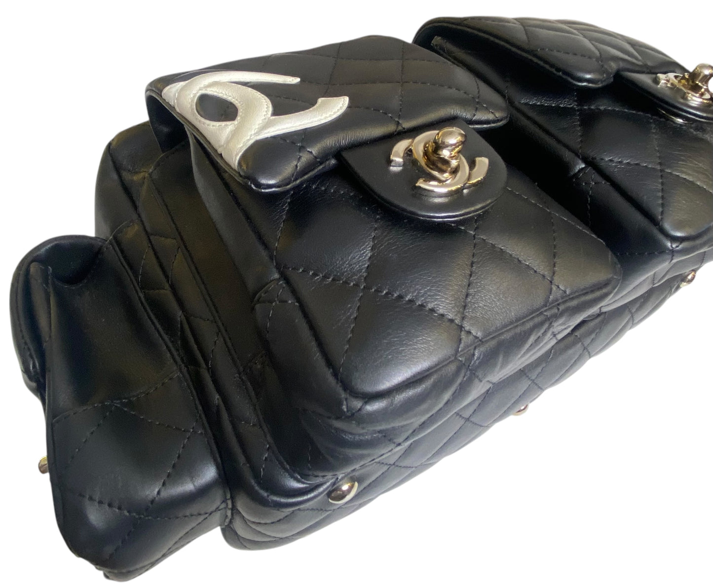 Chanel 2005 Small Cambon Reporter Black White Lambskin Handbag SHW