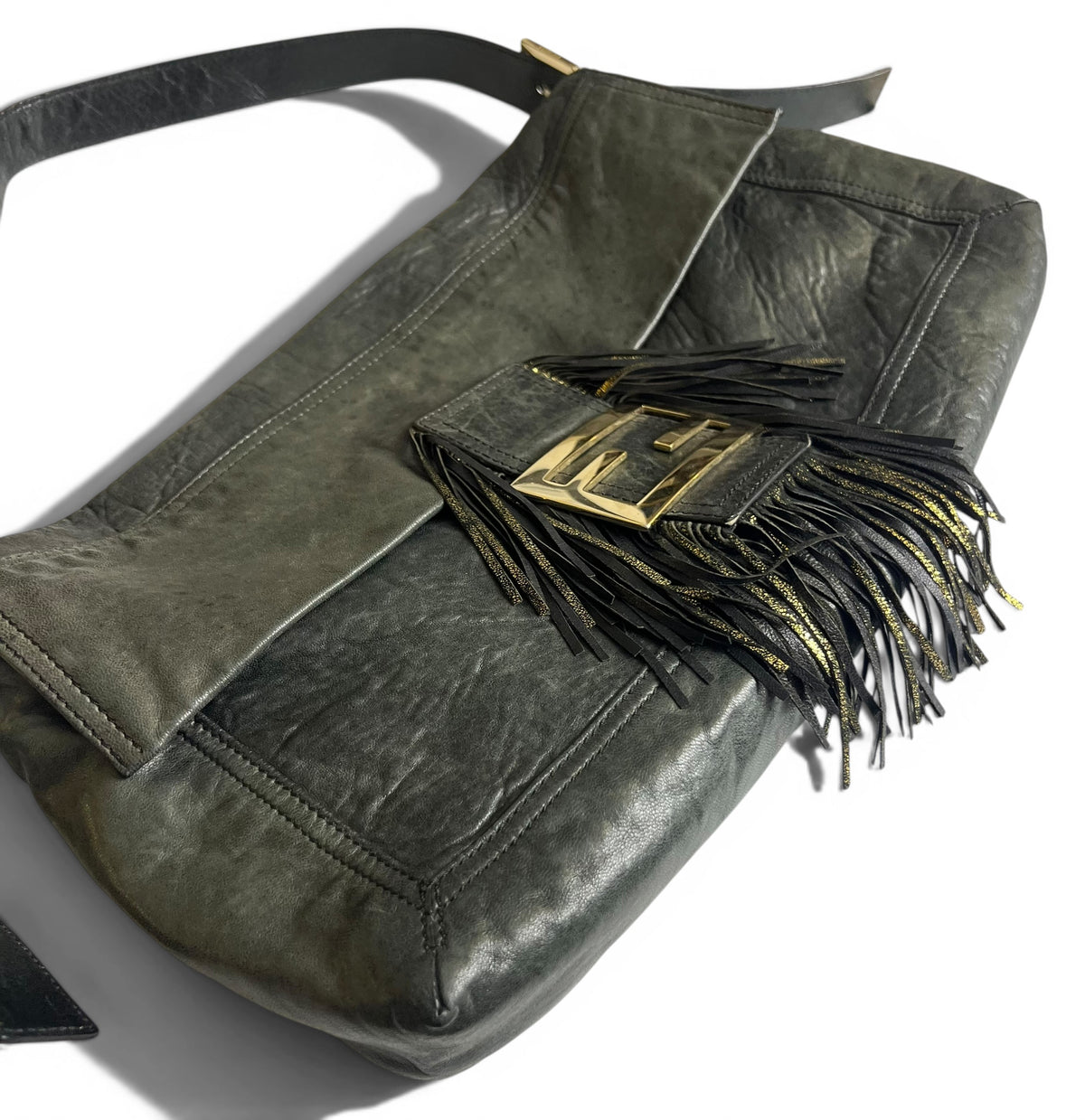 Vintage Fendi XL Black Gold Metallic Leather Wild Fringe Baguette Shoulder Crossbody Bag