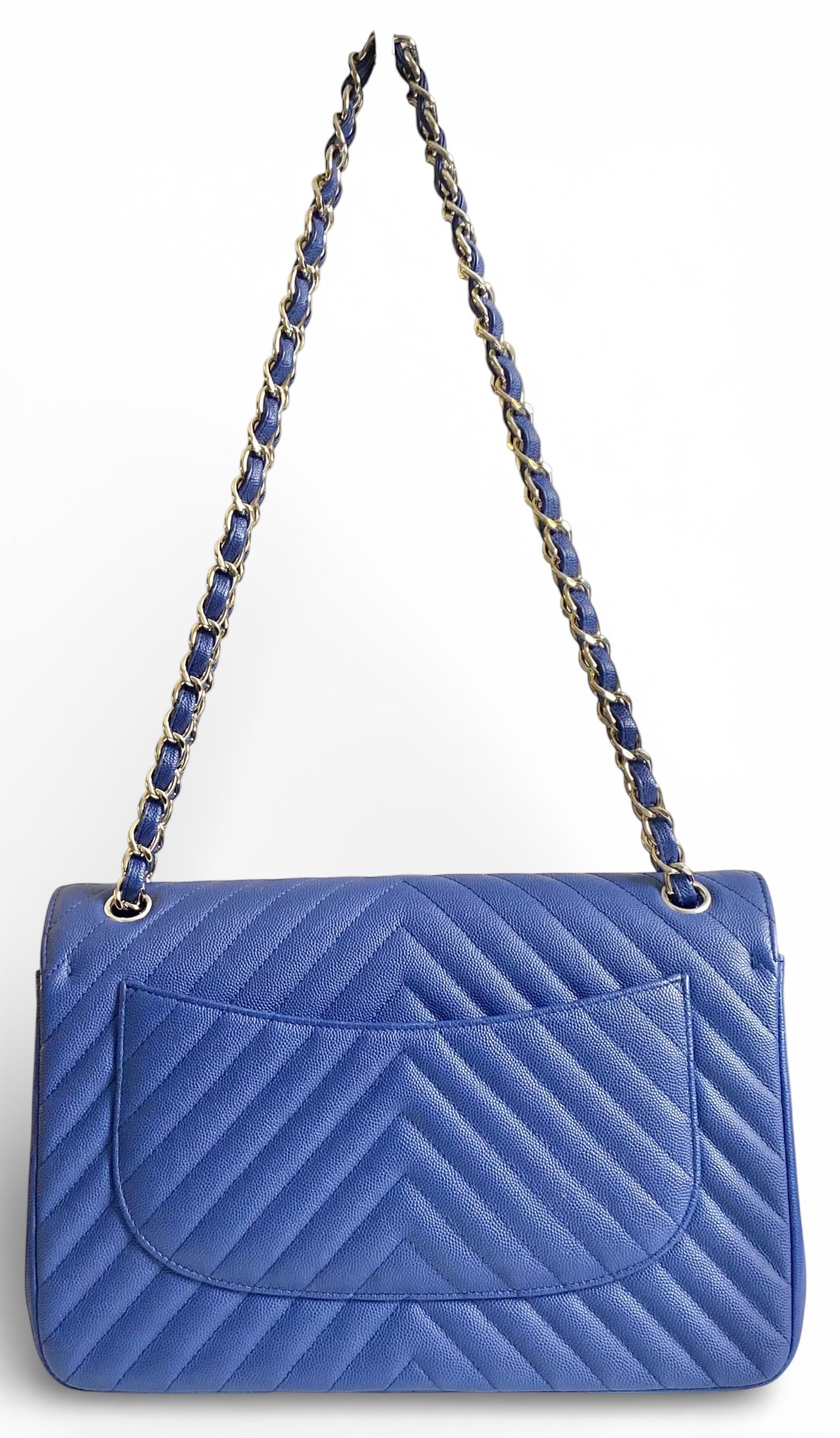 Chanel 2019 Caviar Royal Blue Jumbo Chevron Double Flap Timeless Classic Bag SHW