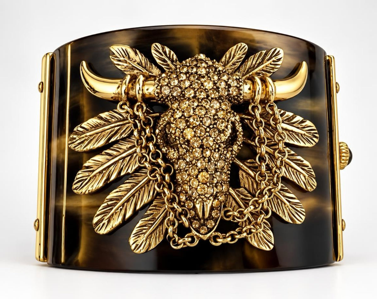 Vintage Roberto Cavalli Brown Western BullHead Chain Bracelet Cuff
