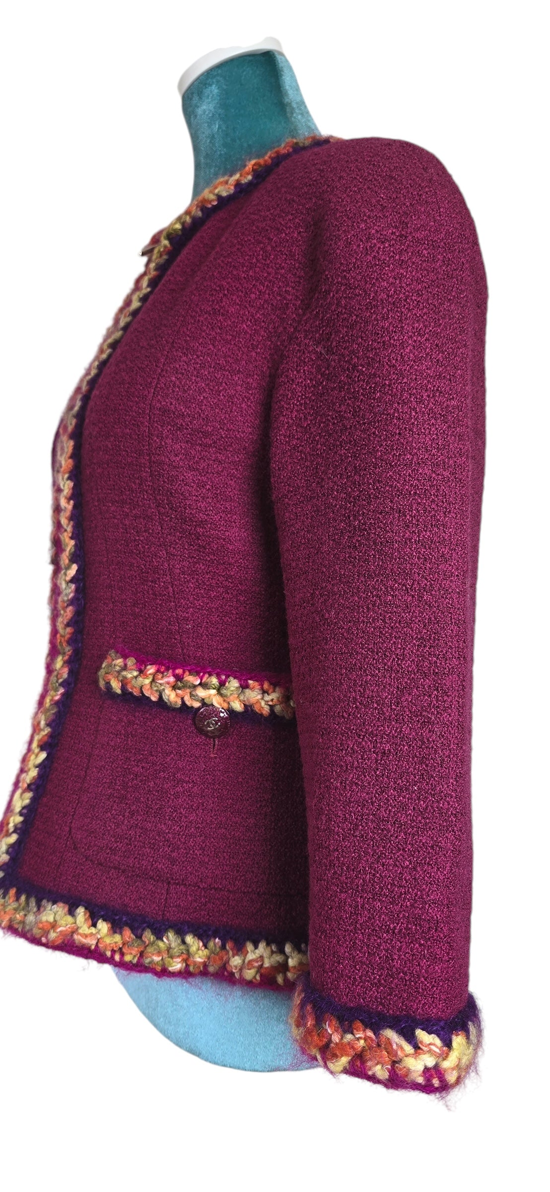 Chanel 14A Supermarket Collection Raspberry Jacket FR 38 and Multicolor Matching Silk Blouse SET FR 38