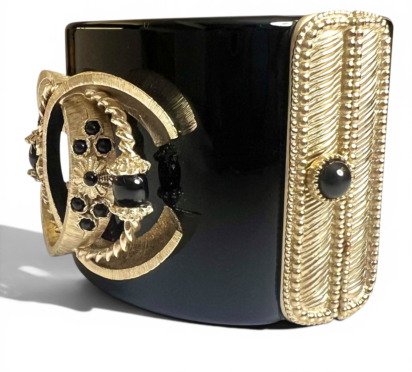 Rare Chanel 16A Paris Seoul Black Pearl Gold Wide Statement Cuff Bracelet