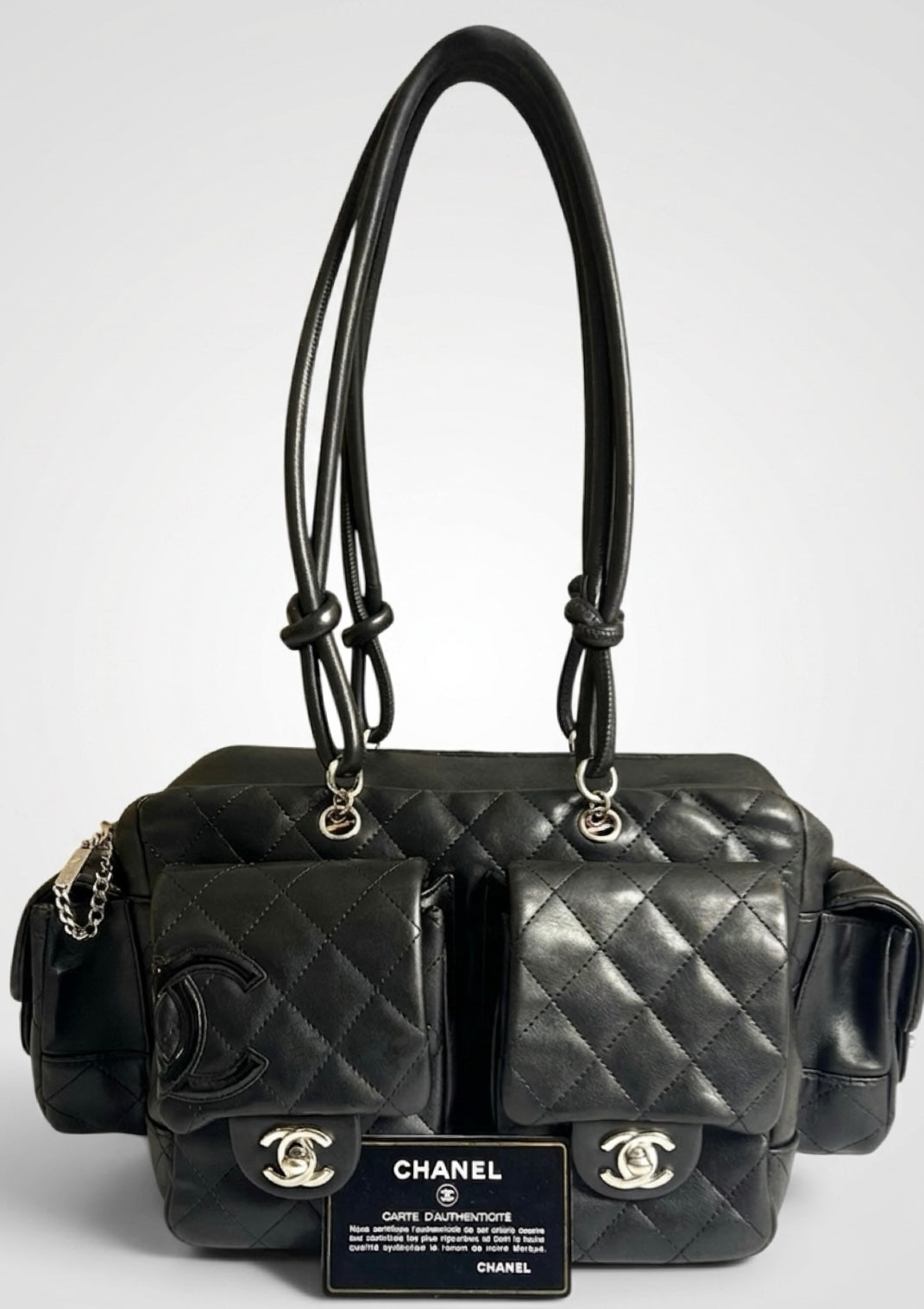 Chanel 2005 Small Cambon Reporter Black Lambskin Handbag SHW