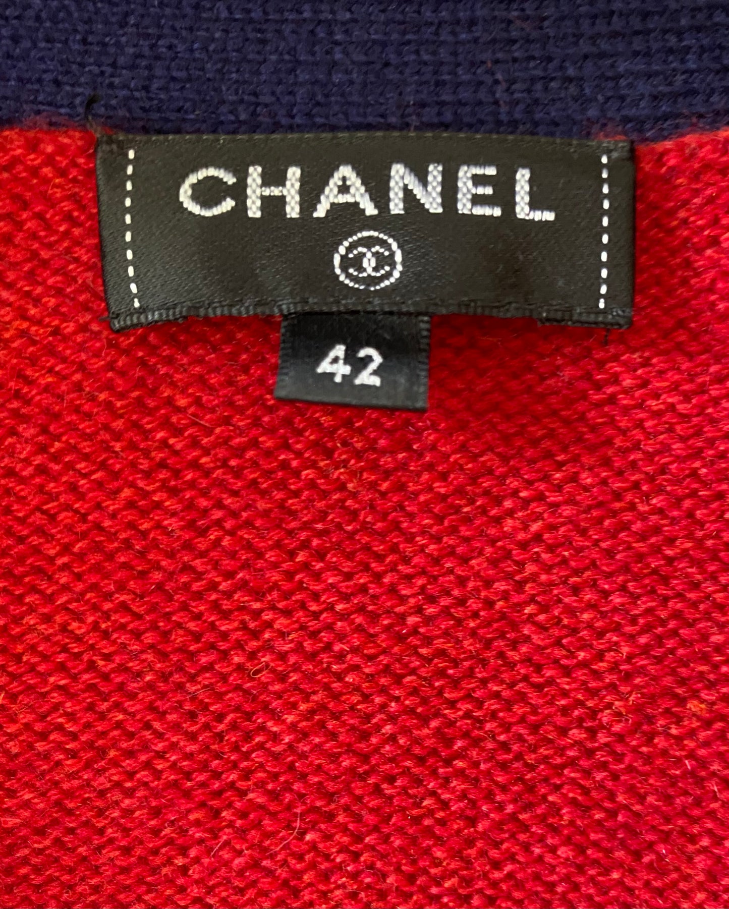 Chanel Cashmere Red and Navy Blue Classic Cardigan FR 42