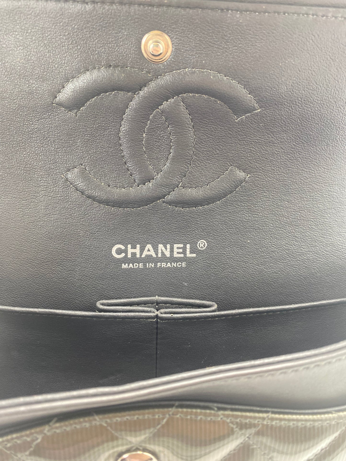 Chanel Medium Dark Green Straited Patent Leather Double Flap Timeless Classic Bag SHW