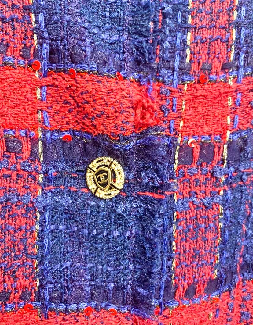 RARE CHANEL 08P RUNWAY BLUE RED GOLD CC MULTI CHAINS TWEED JACKET FR 44