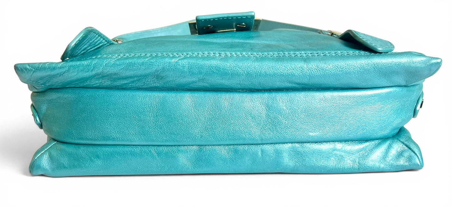 Rare Vintage Fendi Metallic Tiffany Blue Leather Sweet Hobo Baguette Bag SHW