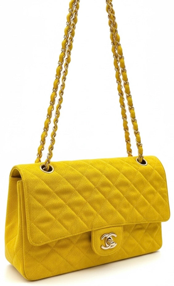 Vintage Chanel 1992 Yellow Denim Medium Classic Flap Bag 24K Gold Hardware