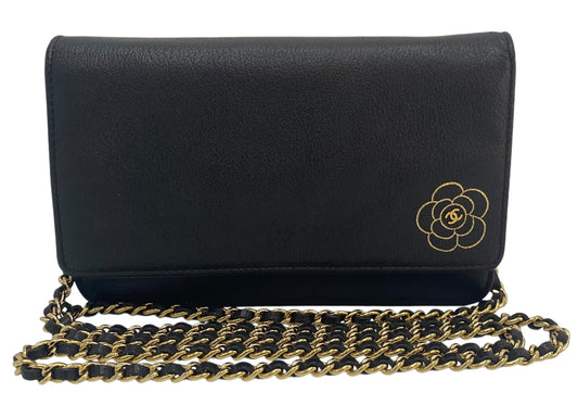 Chanel Grained Black Leather Camellia Wallet On Chain WOC Shoulder Bag GHW