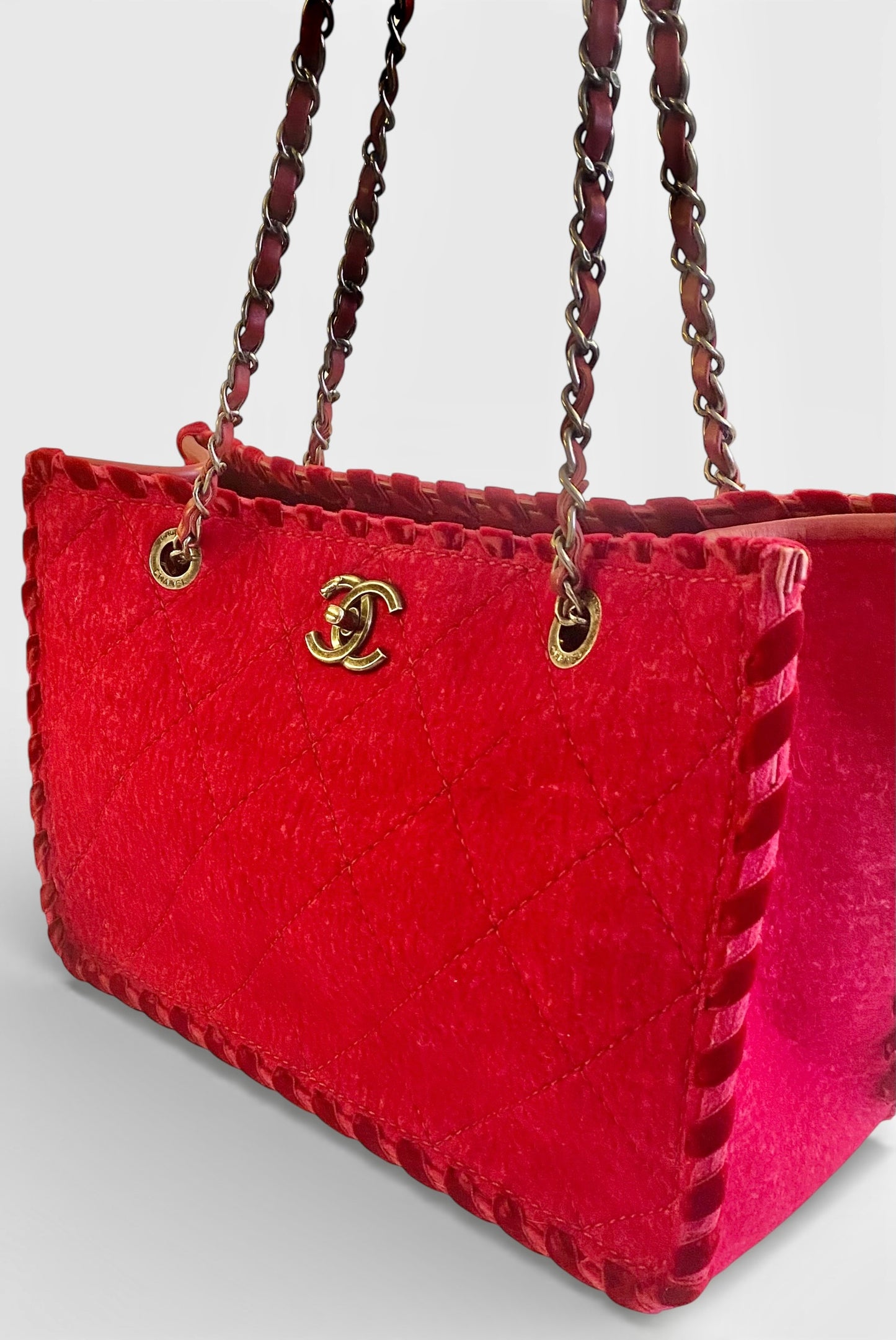 Chanel 13A Edinburgh Red Medium Wool Quilted Shopping Tote Bag