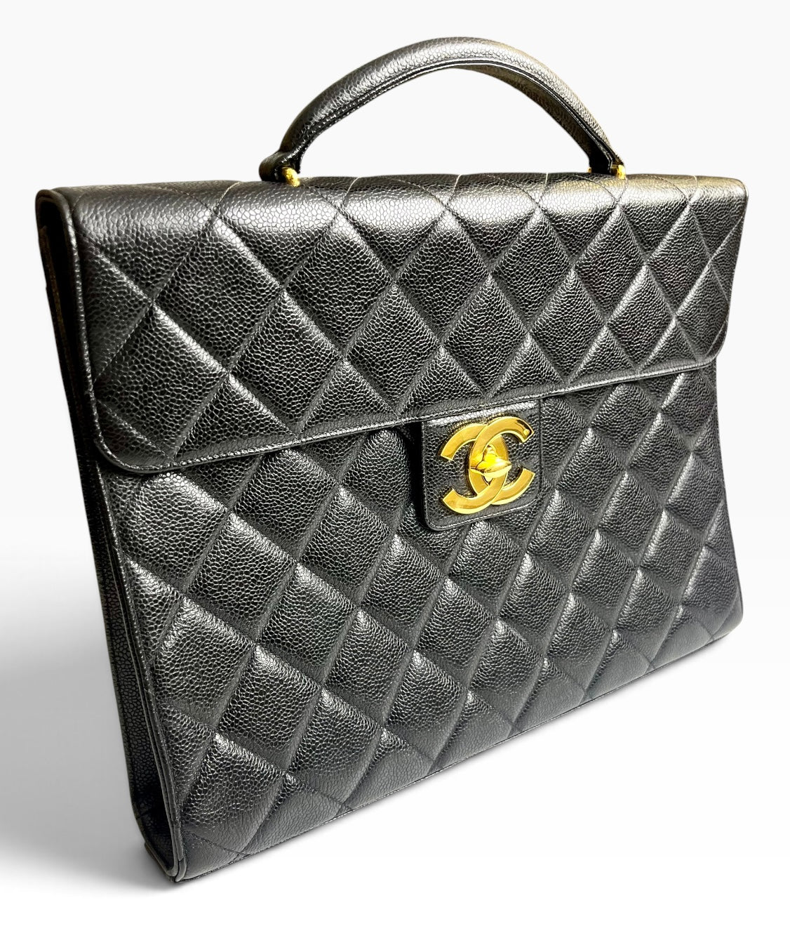 Vintage 90s Chanel XL Jumbo Black Caviar Quilted Classic Briefcase Bag 24K GHW