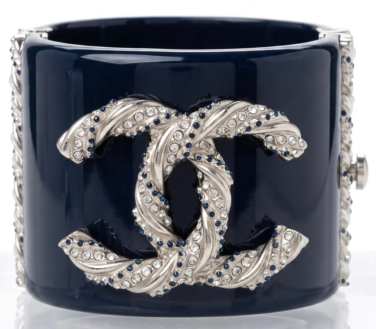 Rare Chanel 13P Navy Blue Silver Crystals Lucite Statement Bracelet Cuff