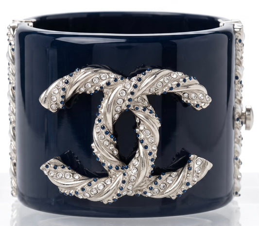 Rare Chanel 13P Navy Blue Silver Crystals Lucite Statement Bracelet Cuff