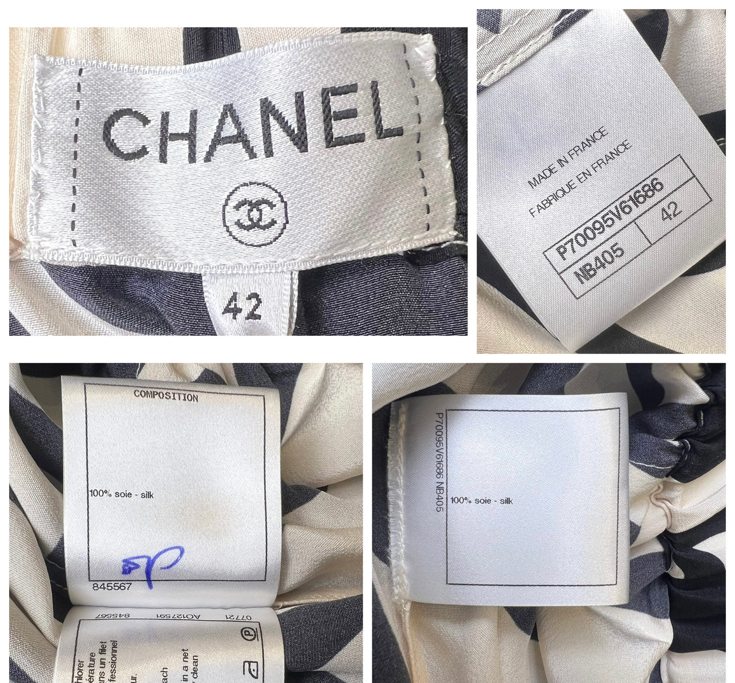 Iconic Chanel 21P CC Wave Black Ecru Silk Wide Leg Pants FR 42