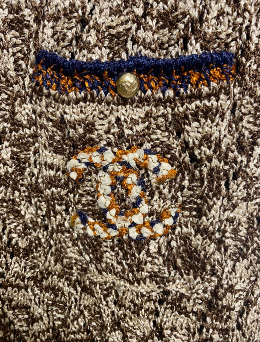 Chanel Brown Orange Navy CC Knit Crochet Dress FR 46
