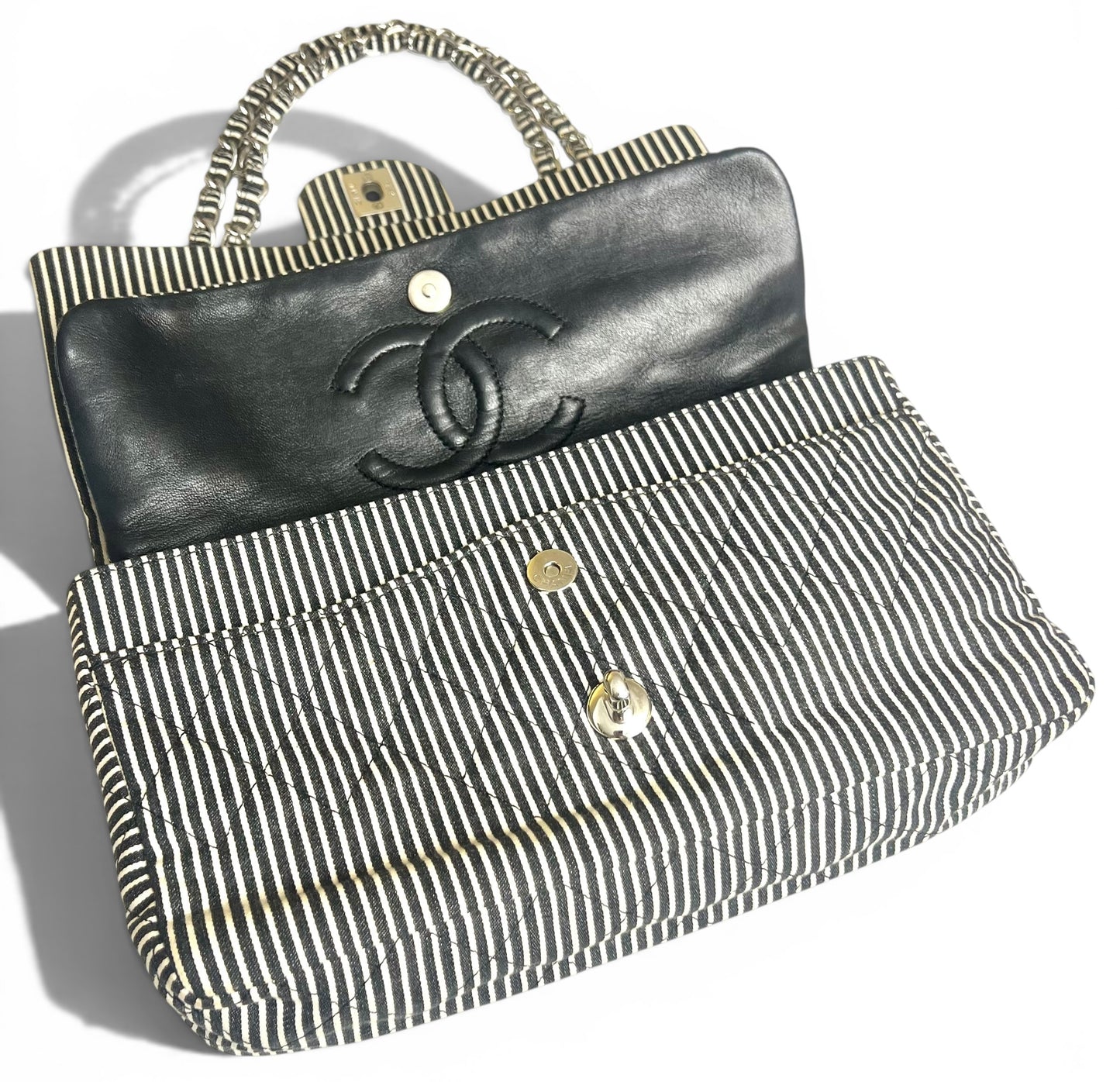 Chanel 08C Medium Black White Stripe Denim Canvas Classic Double Flap Bag
