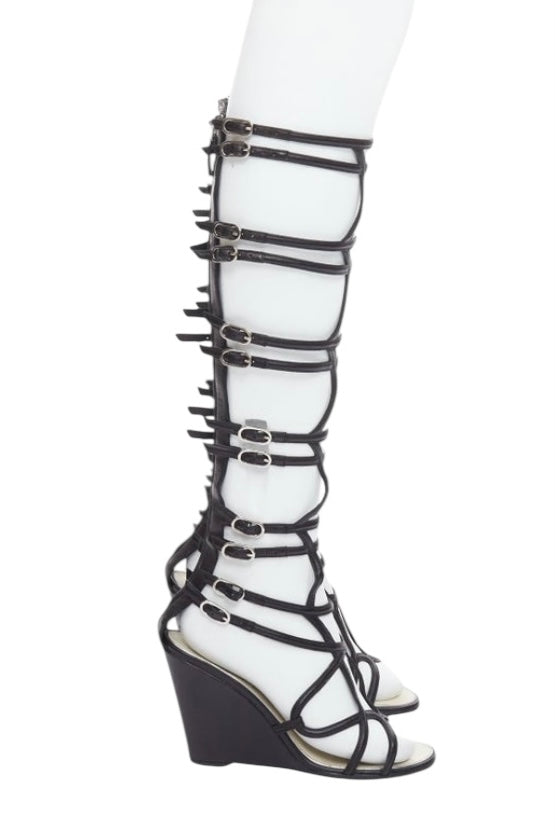 Chanel 2010 Black Leather Interlocking CC Gladiator Wedge Sandals EU 39