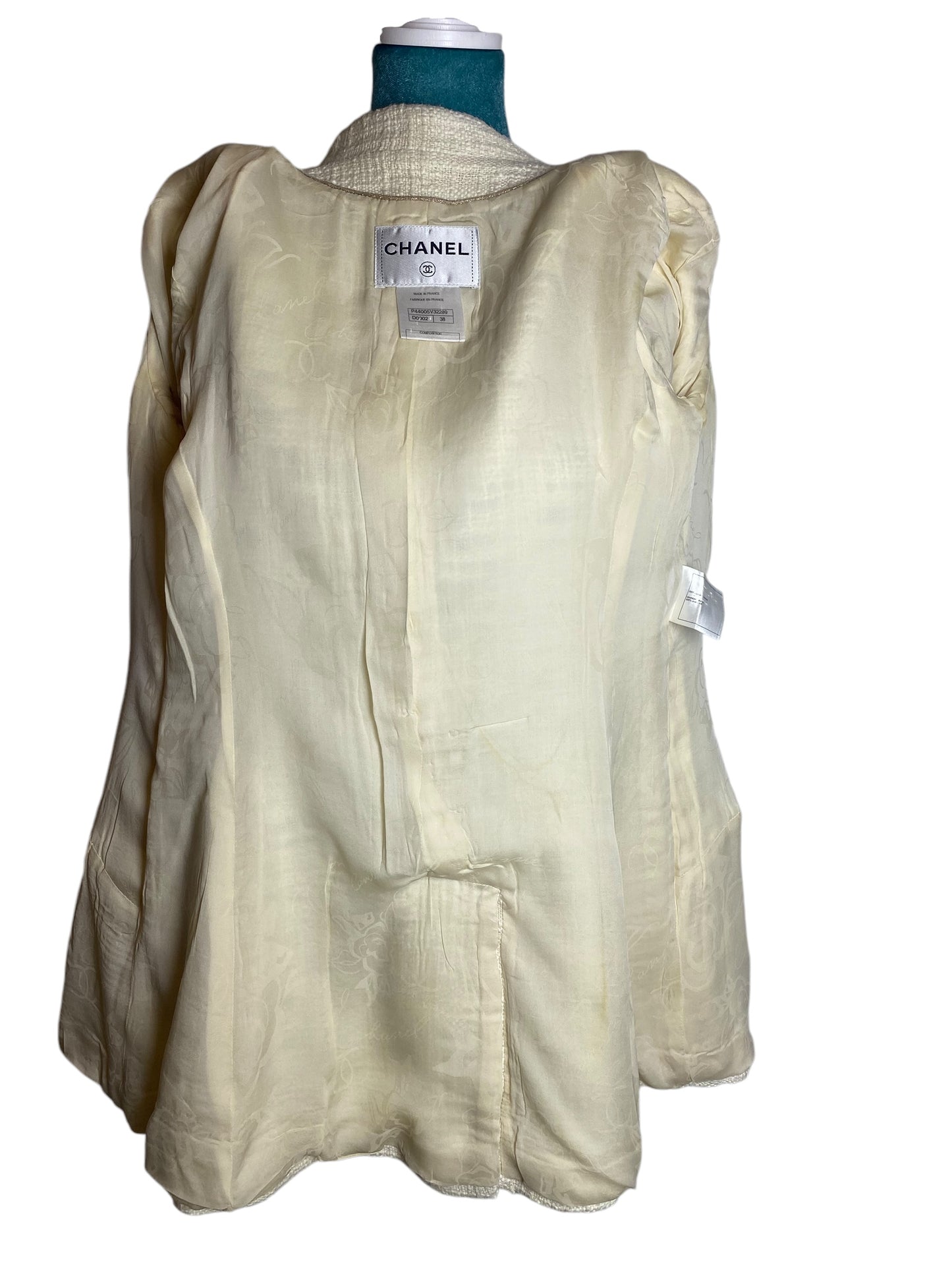 Chanel 12A Paris-Bombay Runway Ivory Ecru Cotton Tweed Blazer Long Jacket FR 38