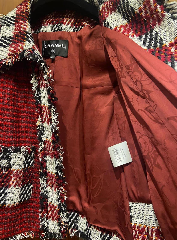 Chanel 16A Runway Burgundy Plaid Tweed Fringe Jacket FR 40