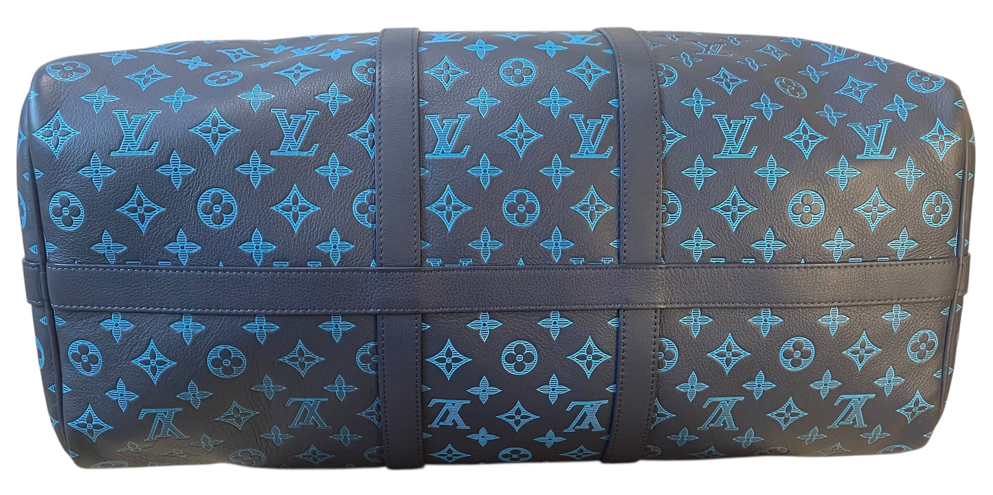 Louis Vuitton LIMITED EDITION Keepall Navy Teal River Bandouliere 50 Monogram Shadow!