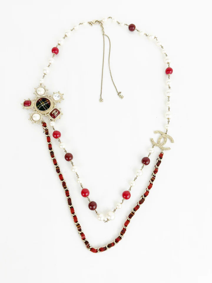 Chanel 13A Paris-Edinburgh Double Strand Red Gold Large CC Tweed Pearl Necklace Belt