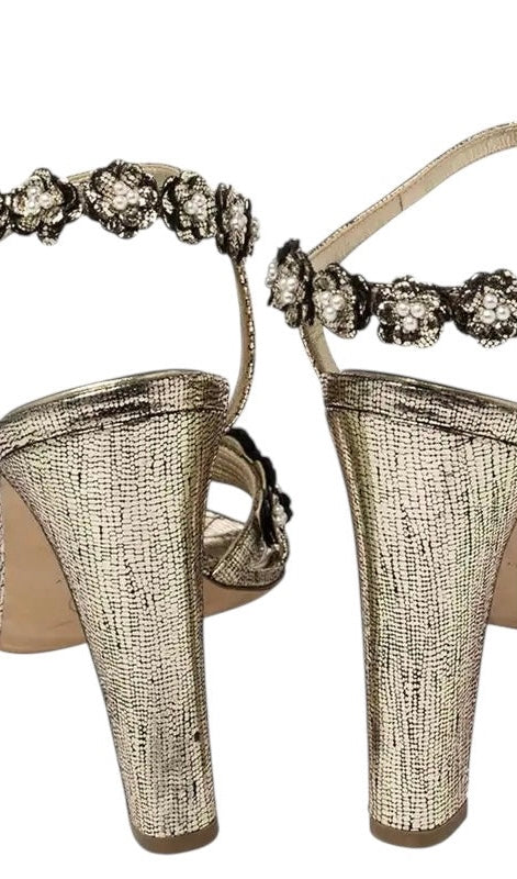 Chanel Gold Metallic Leather Camellia Pearl Sandals Heels EU 38.5C