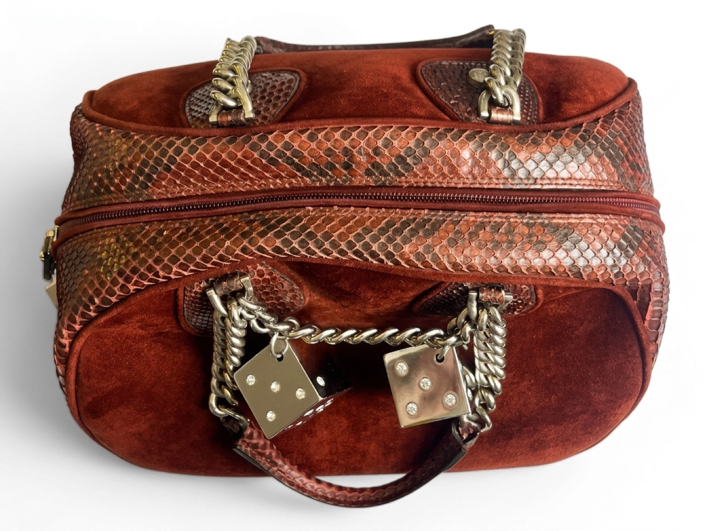 Rare Christian Dior Medium 2004 F/W Burgundy Suede Python Dice Gambler Bowling Bag