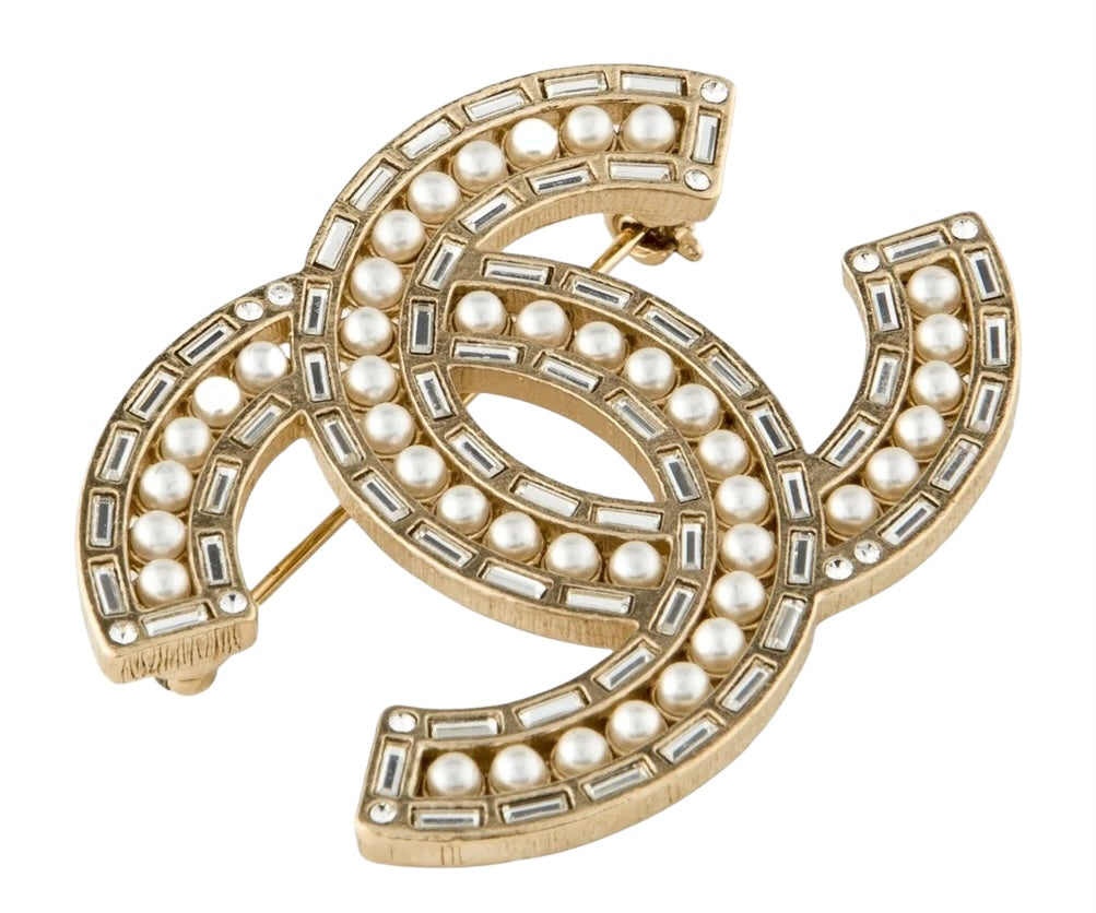 Chanel 2017 CC Pearl Crystal Baguette Gold Brooch