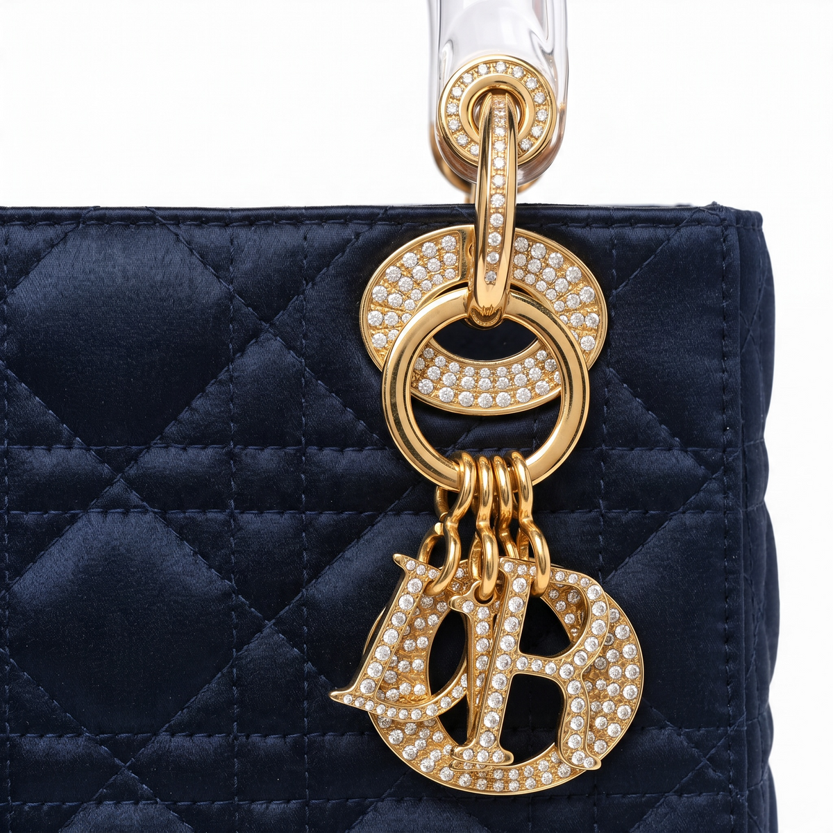 Ultra Rare Vintage 1999 Mini Lady Dior Navy Blue Gold Crystals Lucite Silk Handbag