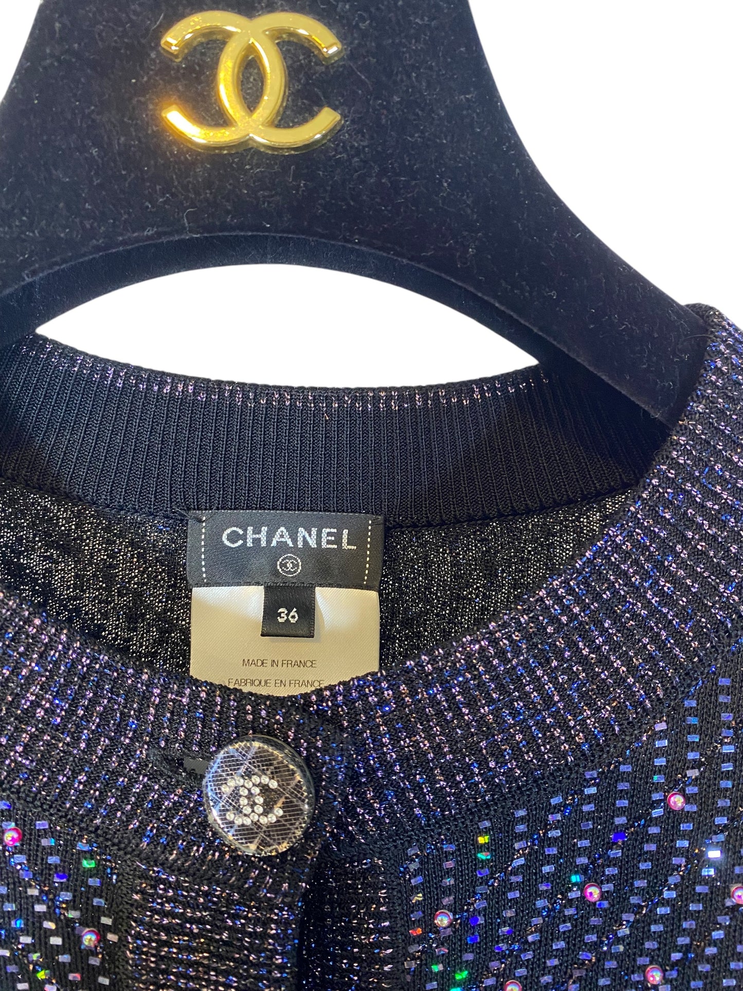 Stunning Chanel 21K Beaded Crystal Sequin Navy Black Iridescent Jumpsuit FR 36