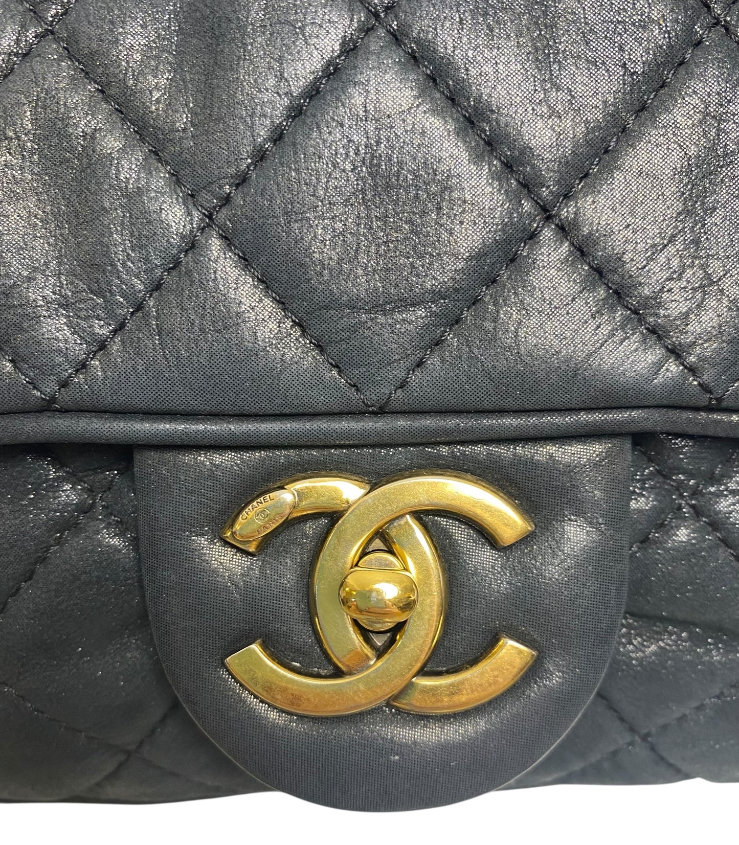 Chanel 2013 Black Quilted Iridescent Calfskin Shiva Jumbo Classic Flap Bag Gold Hardware
