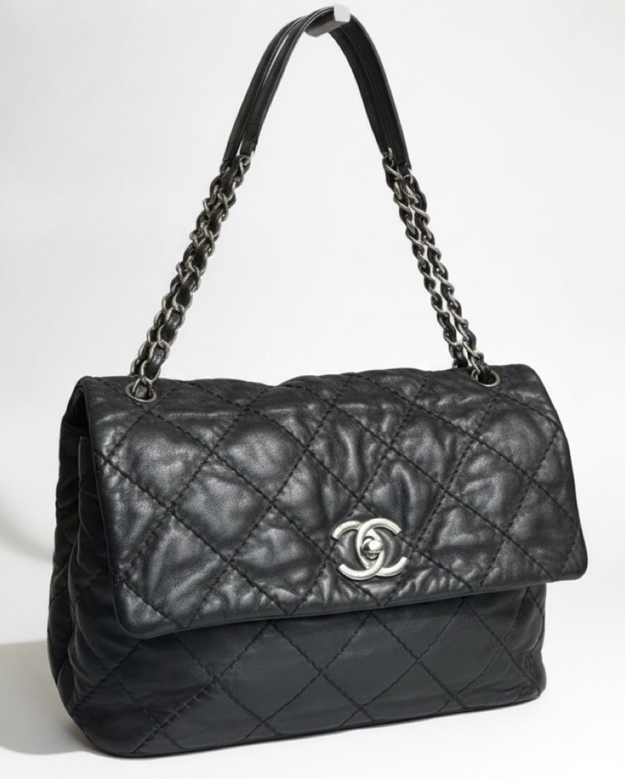 Chanel 13P Black Quilted Leather Large Love Me Tender Whipstitch Classic Flap Bag SHW