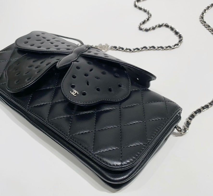 Rare Chanel 2011 Lambskin Black Butterfly Ornament Clutch Crossbody Flap Bag