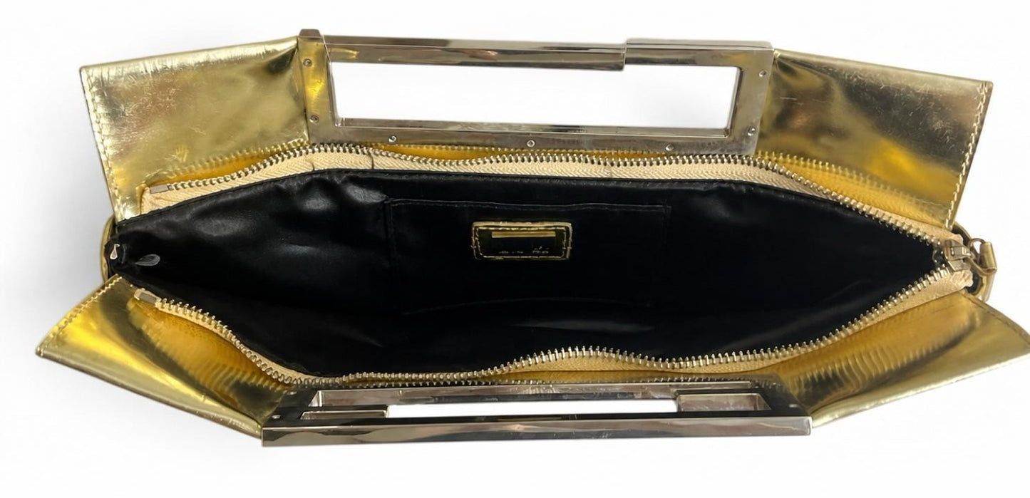 Rare Vintage Fendi 2007 Limited Edition Metallic Gold Patent Leather Crossword Clutch Bag