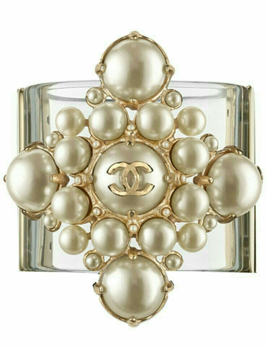 Rare Chanel 13S CC Pearl Medallion Clear Resin Cuff Bracelet