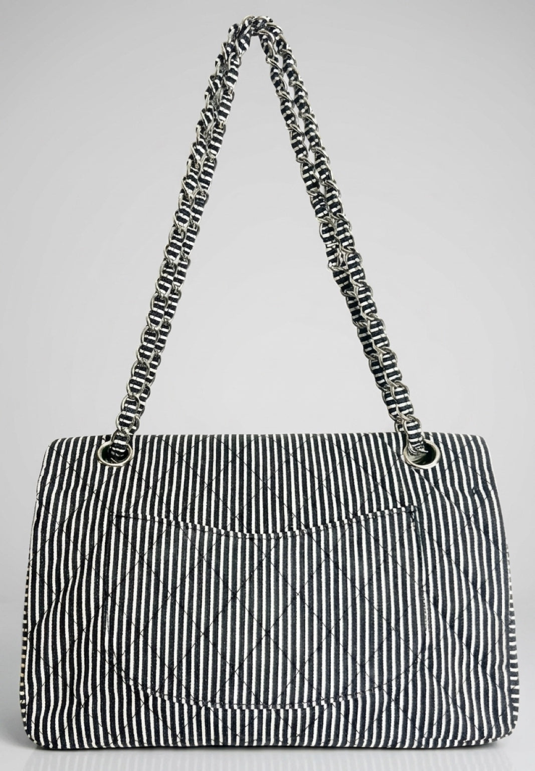 Chanel 08C Medium Black White Stripe Denim Canvas Classic Double Flap Bag