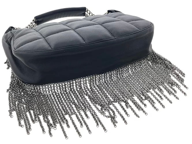 Rare Chanel 02A Mini Black Quilted Lambskin Silver CC Chain Fringe Bag