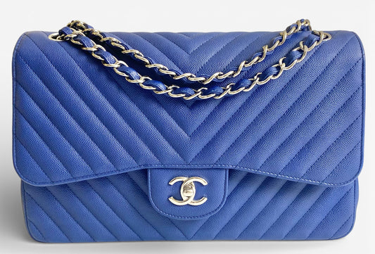 Chanel 2019 Caviar Royal Blue Jumbo Chevron Double Flap Timeless Classic Bag SHW