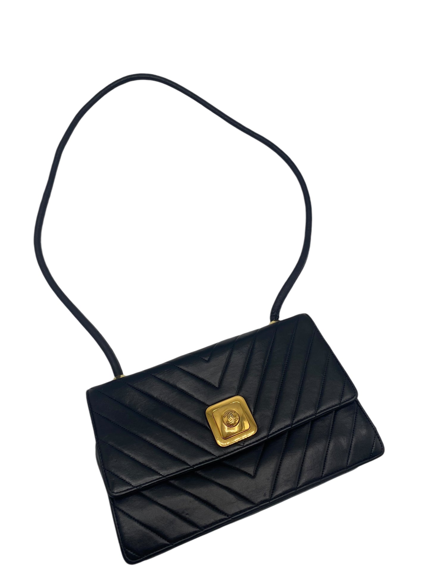 Chanel Vintage 90’s CC Medium Black Chevron Lambskin Crossbody Classic Flap Bag 24K Plated GHW